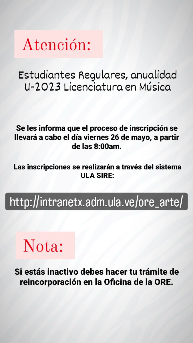 Atención: 

Estudiantes Regulares, anualidad U-2023 Licenciatura en Música
se les informa que el proceso de inscripción se llevará a cabo el día viernes 26 de mayo, a partir de las 8:00am.

Las inscripciones se realizarán a través del sistema ULA SIRE:

 intranetx.adm.ula.ve/ore_arte/