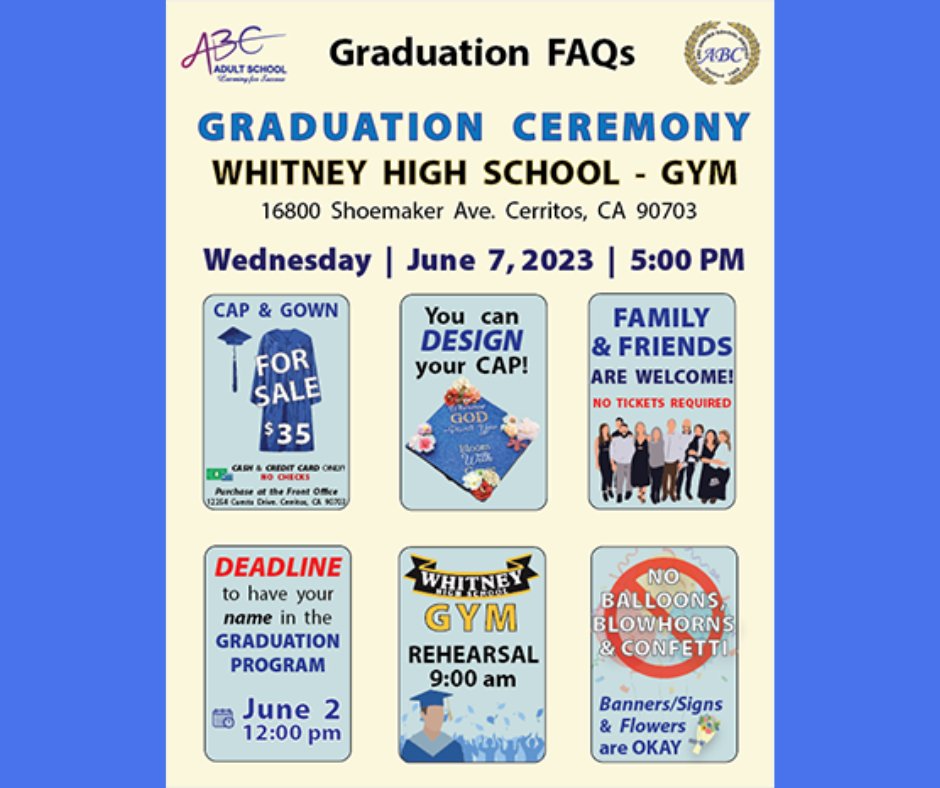 abcadultschool's tweet image. Graduation is just two weeks away! Grads, take a look at our FAQs 🎓
.
For more info, call 562-229-7960.
.
.
#ABCAdultSchool #Academics #highschoolequivalency #GED #HiSET #highschooldiploma #HSD #classof2023 #justdoit #itsnevertoolate #CCAE #SupportK12AdultEd