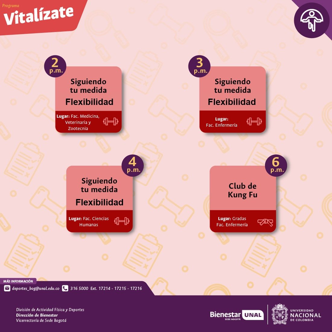 El jueves Vitalízate por tu salud física y mental

Inscríbete en el siguiente link forms.gle/tQnSdA1NHQuMMp…

#SoyVitalizate #SomosBienestar #SomosUNAL #SomosActividadFisica #ComunidadUNAL #CadaMinutoCuenta