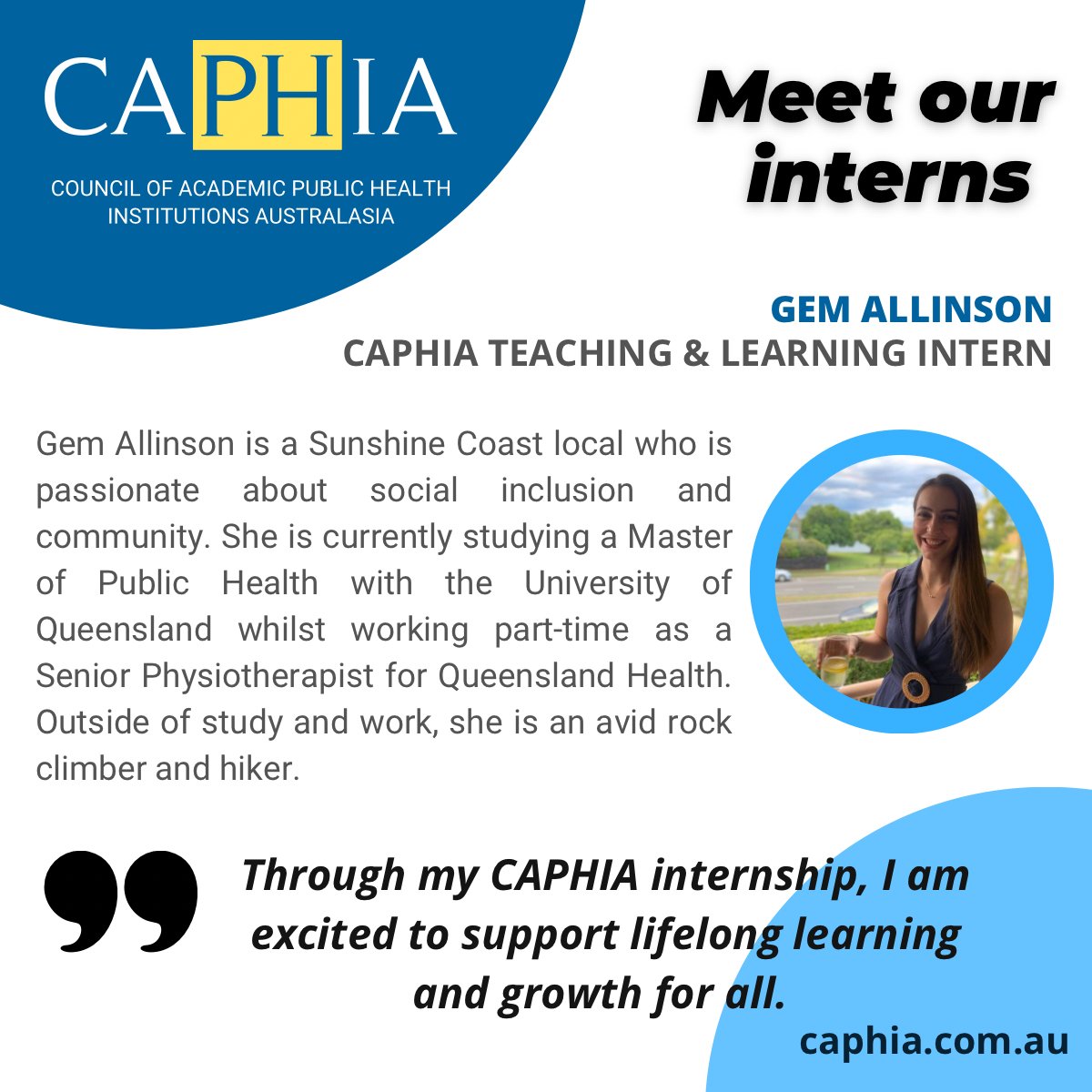 CAPHIA (@caphia1) on Twitter photo Meet our Intern Gem Allinson. Gem is a MPH student <a href="/UQ_News/">UQ News</a>, a Sunshine Coast local and a senior physio with <a href="/qldhealth/">Queensland Health</a>. Gem will work with <a href="/HannahWech/">Assoc Prof Hannah W.</a> & Teaching & Learning working group of the competencies renewal project. Welcome Gem! Meet our Intern Gem Allinson. Gem is a MPH student <a href="/UQ_News/">UQ News</a>, a Sunshine Coast local and a senior physio with <a href="/qldhealth/">Queensland Health</a>. Gem will work with <a href="/HannahWech/">Assoc Prof Hannah W.</a> & Teaching & Learning working group of the competencies renewal project. Welcome Gem!