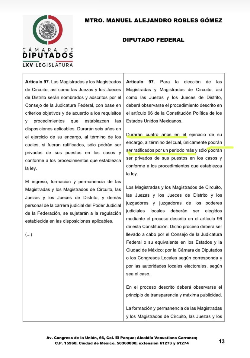 veroosornio's tweet photo. INICIATIVA CON PROYECTO DE DECRETO QUE REFORMA LOS ARTÍCULOS 96 Y 97 DE LA CONSTITUCIÓN

Magistrados y jueces de distrito serán elegidos por voto popular directo y universal. 

Durarán 4 años y 

Podrán ser ratificados por un periodo más. https://t.co/LEpkNpO8zE