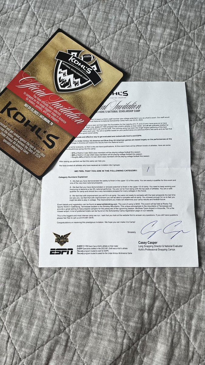 Thank you @KohlsSnapping @Coach_Casper for the invitation to the National Scholarship Camp @CoachTonyBugeja @CoachStarr_AP @JEC_1994 @DoralAcademy_FB @DelgadoEddie