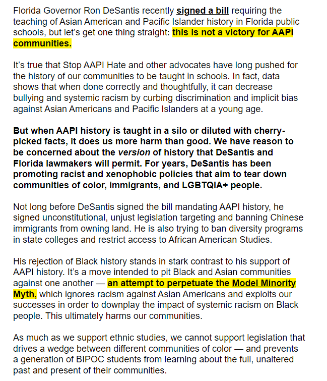 BAANorg's tweet photo. A message from #StopAAPIHate

While AAPI communities have fought this, THIS is not the way. 

Ron DeSantis has passed a bill requiring AAPI studies but, at the same time, fights AGAINST Black History.

This is an old tactic to pit Black and Asian people against one another. https://t.co/KYYqq5DfFP