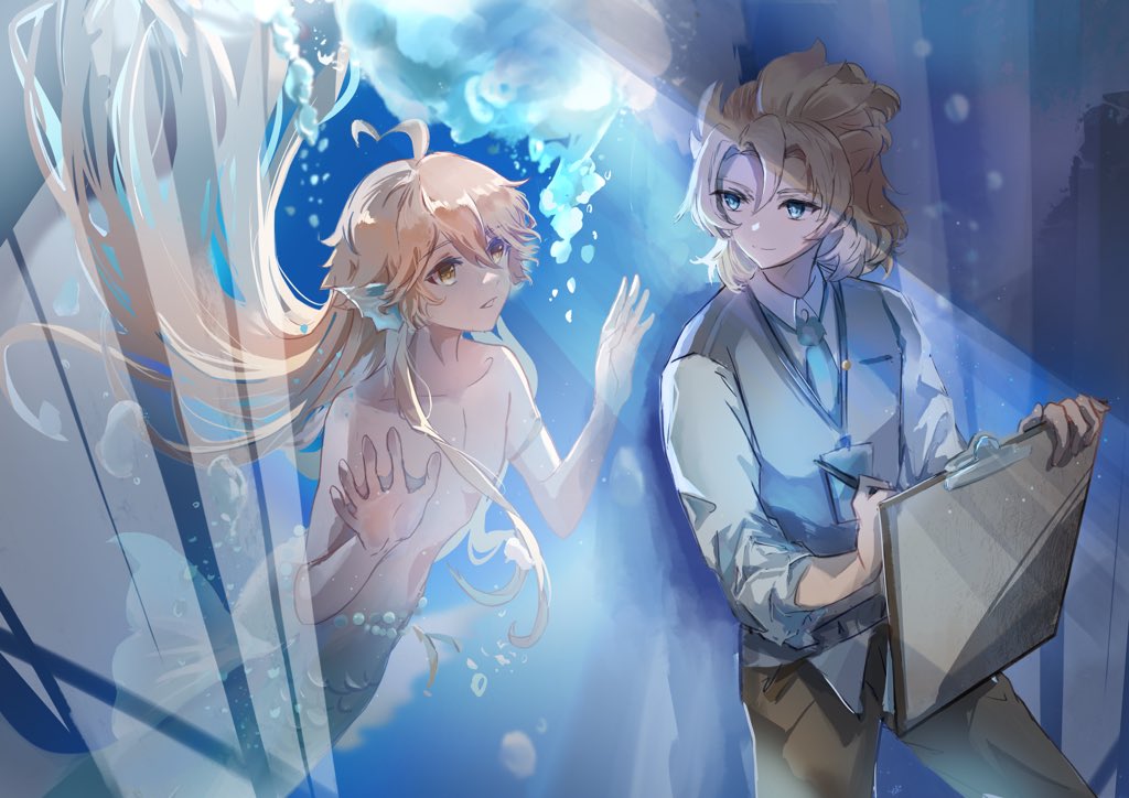 andylecia's tweet photo. Mermaid. 
去年参与的企划图，感谢@lux_aetherna🌸🌸
#Albether #垩空 #Albedo #Aether  #アル空 https://t.co/mrZPl5vPuH