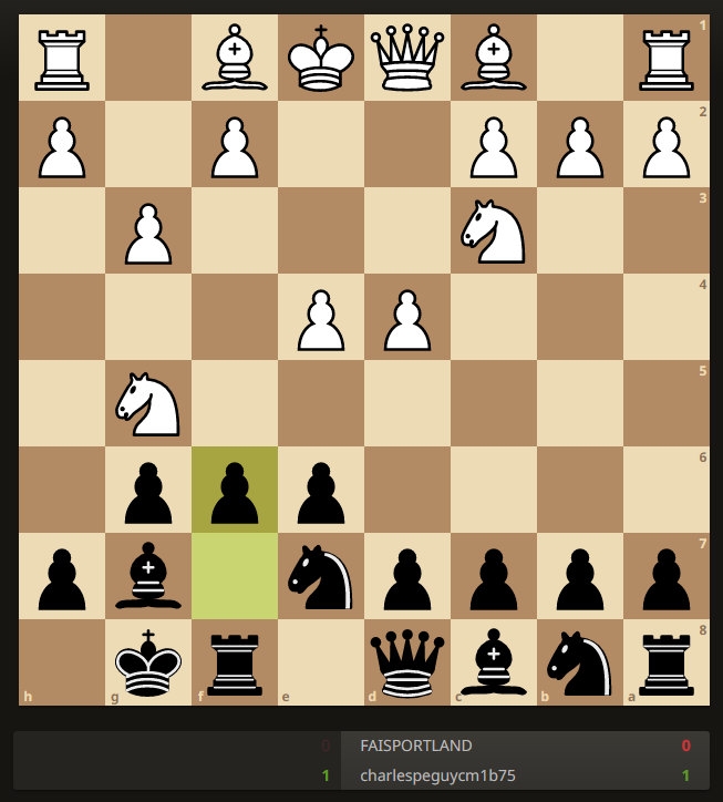 Bonjour <a href="/CM1B_Peguy/">Les CM1 B de Péguy📝</a>
Nous pouvons reprendre la partie. Nous déplaçons notre pion ♟️de f7 à f6. En mode attaque 🙂 #Partie #QuotiChess <a href="/QuotiChess/">QuotiChess 🐘</a>