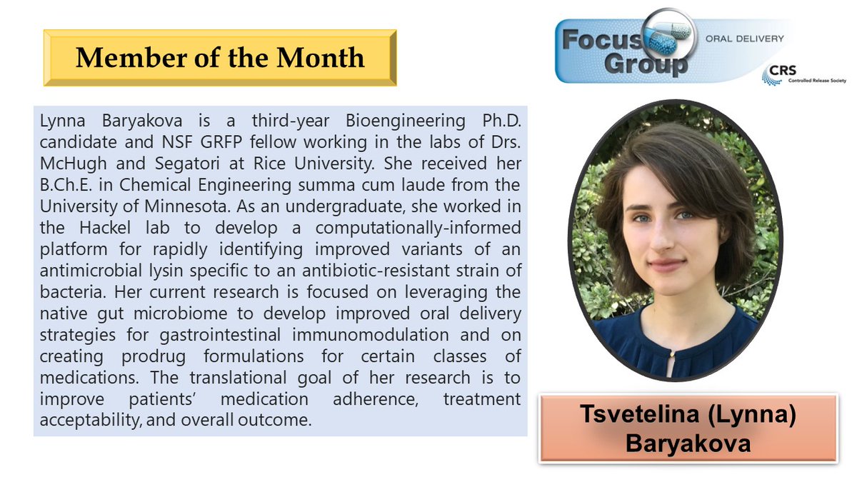 CRS Oral Delivery Focus Group (@crs_fg_oral) on Twitter photo It is time to announce our <a href="/CRS_FG_Oral/">CRS Oral Delivery Focus Group</a>
trainee of the month winner Tsvetelina (Lynna) Baryakova <a href="/RiceUniversity/">Rice University</a> Know more about Lynna👇👇 It is time to announce our <a href="/CRS_FG_Oral/">CRS Oral Delivery Focus Group</a>
trainee of the month winner Tsvetelina (Lynna) Baryakova <a href="/RiceUniversity/">Rice University</a> Know more about Lynna👇👇