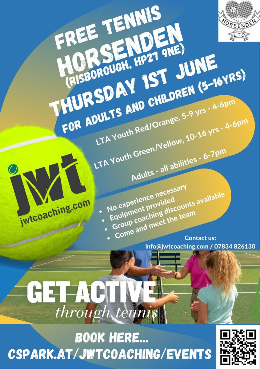 JWTCoaching's tweet photo. Free tennis in Horsenden, near Princes Risborough, HP27 9NE

Come and give tennis a go on Thursday 1st June, 4-7pm, children and adult sessions available to book now… https://t.co/uTixu1GiIY