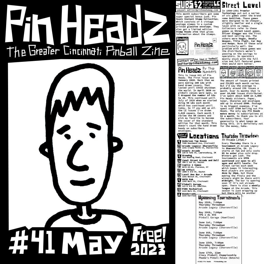 PinHeadzMag's tweet photo. May issue of Pin Headz is FINALLY here! Yes I know it's almost June. In this issue we talk about Street Level games, Thursday Throwdown at Arcade Legacy, some stats about Pin Headz and more! #pinball #zine #cincinnati #Issue41 https://t.co/MkuXT1DcpM