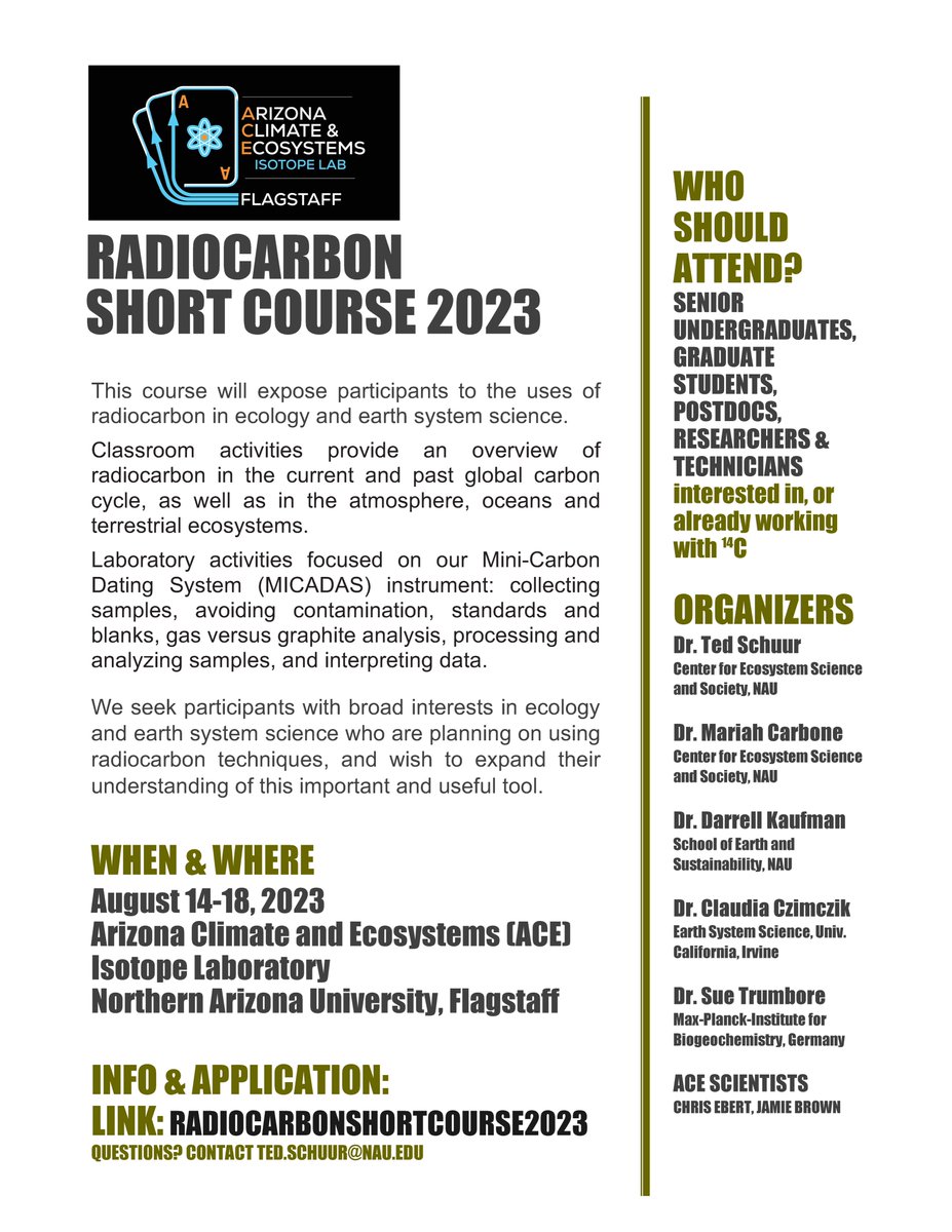 Radiocarbon and Climate Change short course: offered for graduate students and other interested researchers in Flagstaff, AZ; August 14-18, 2023 forms.gle/QqQLVjkK72asQ5…