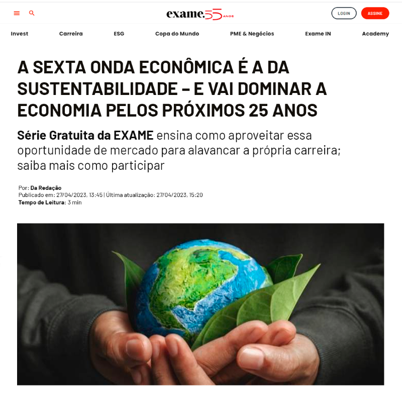 exame's tweet photo. ESG, a sigla que tem moldado negócios e impulsionado carreiras, já é considerada uma das maiores tendências de trabalho da década. 

Se você quer se especializar numa carreira capaz de aliar realização profissional a bons salários, então não perca a série Carreira em ESG 2.0.