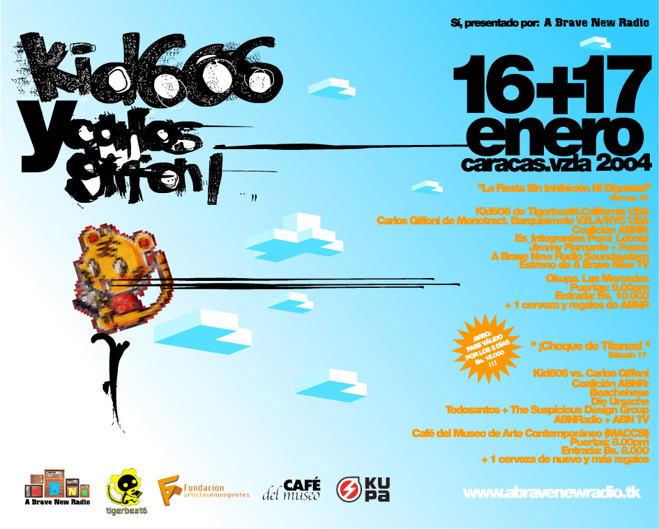 bestialoculapsu's tweet photo. En el 2004 #Kid606 se presentaría junto a #CarlosGiffoni en #Caracas en un evento organizado por un proyecto fundado por los mismos creadores de Bestialo Culaps conocido como 'A Brave New Radio' . Kid606 venía de presentarse en festivales como Mutek, Sónar y el show de John Peel https://t.co/BYipKXdZpa