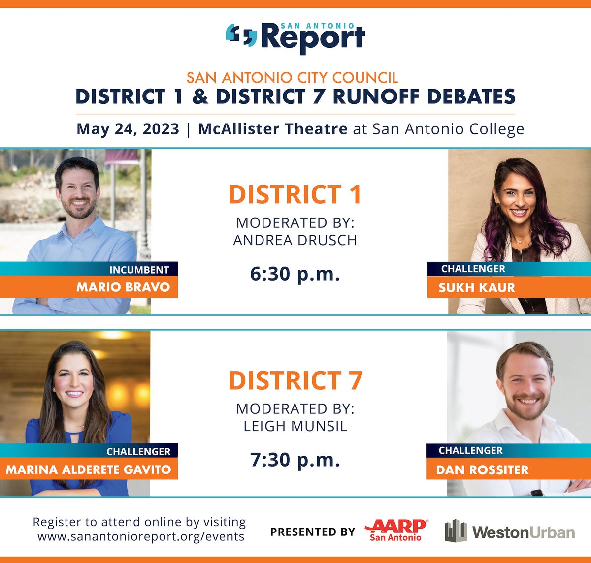 The start of back-to-back debates between the City Council runoff candidates in District 1 and District 7 begins at 6:30 p.m. Register to view the livestream here: tinyurl.com/sareportcounci…