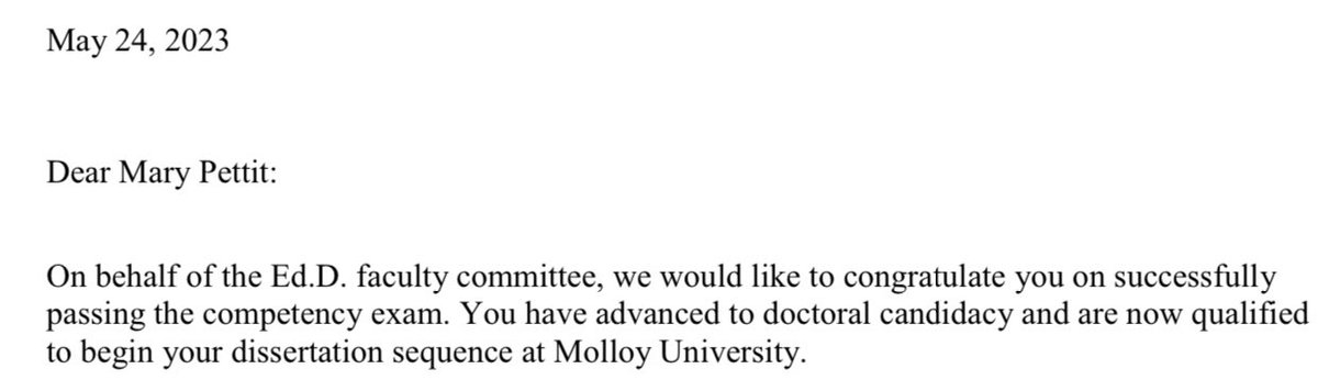 Dr. Mary E. Pettit (@udlsolutions) on Twitter photo I officially received word that I passed my comprehensive exam! I am a doctoral candidate! Dr. Pettit… here I come! My journey has just begun! Thank you to the amazing professors <a href="/MolloyEdD/">Molloy University Ed.D.</a> @DrT_Kress @WarrenEWhitake1 <a href="/JoannaAlcruz/">Joanna Alcruz</a> <a href="/akt1211/">Allison Roda</a> I officially received word that I passed my comprehensive exam! I am a doctoral candidate! Dr. Pettit… here I come! My journey has just begun! Thank you to the amazing professors <a href="/MolloyEdD/">Molloy University Ed.D.</a> @DrT_Kress @WarrenEWhitake1 <a href="/JoannaAlcruz/">Joanna Alcruz</a> <a href="/akt1211/">Allison Roda</a>