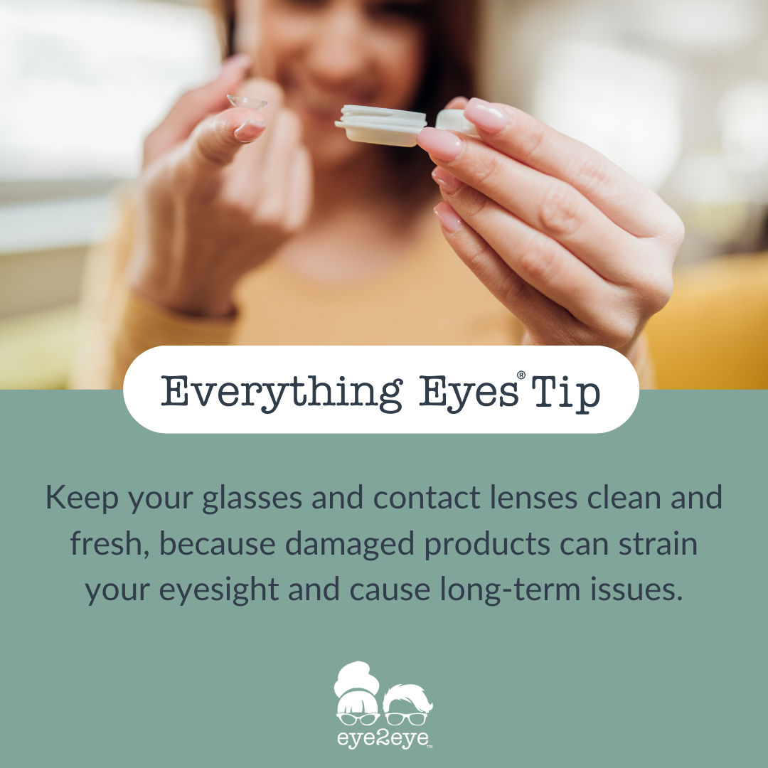 Are you keeping your contact lenses and glasses clean? Proper cleaning and maintaining your eyewear can help reduce the chances of infection and irritation. #eye2eye #everythingeyes #cleaneyewear #contactlenscare #glassesmaintenance #eyecare101 #healthyeyesight #eyehealthtips