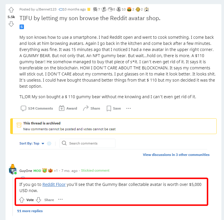 JackDaniel8008's tweet photo. Sharing this classic with y'all 😂

tl;dr: 
- Parent is mad their kid spent $110 on a reddit avatar without them knowing 
- They find out that avatar is now worth $5,000 https://t.co/wRZgxsAvW2