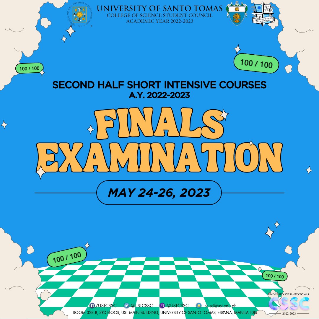USTCSSC's tweet photo. Finals for GE Short Intensive Courses is up! Time to face one of the last rounds for the academic year before facing our ultimate exams.
Go get 'em, SCIgers!
#PreSIYENSYA
#ParaSCIyo
#GalingScience
Spiel by: Candice Calingasan
Board by: Leila Versoza https://t.co/9241ZHEUmN