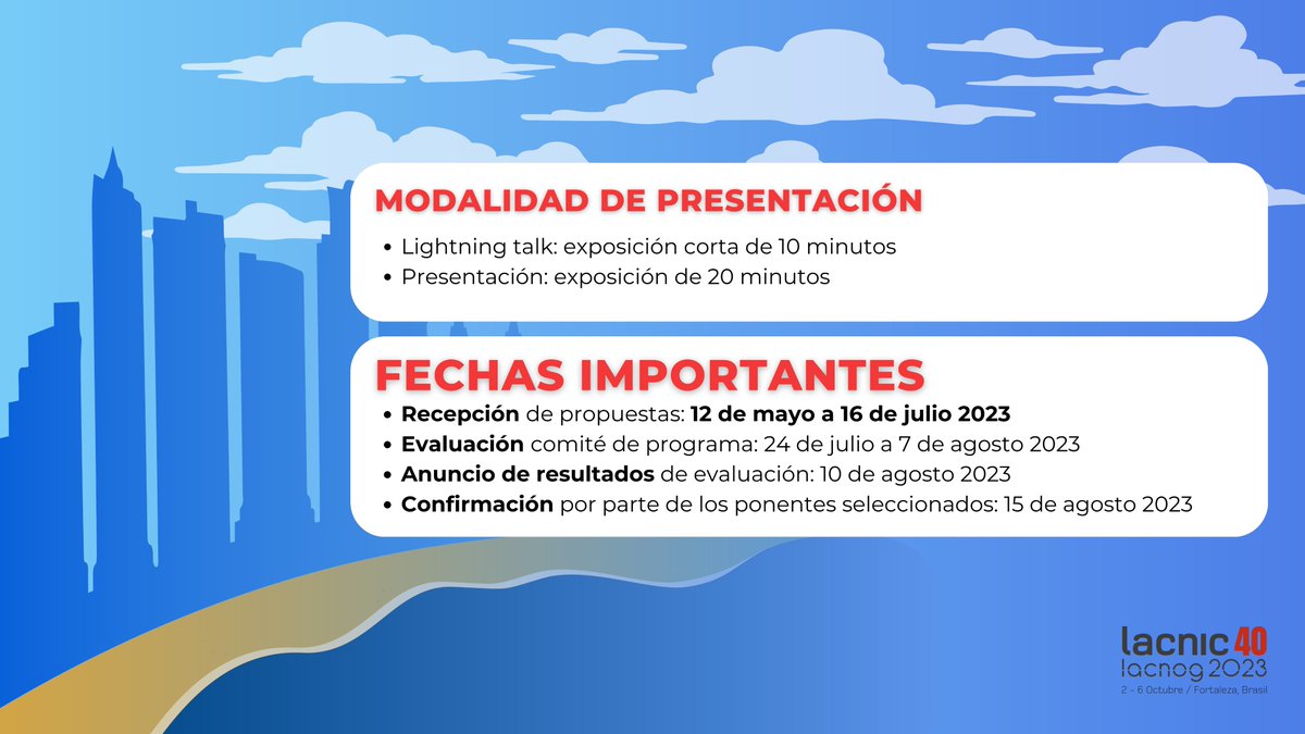 LACNOG's tweet photo. 🔔LLAMADO A PRESENTACIÓN DE TRABAJOS #LACNOG2023

Del 12 mayo al de 16 julio se encuentra abierta la convocatoria para postular trabajos a presentar en el próximo #LACNIC40 en Fortaleza 🇧🇷.

Consulta aquí para más información y registro 
➡️ https://t.co/uv1CHrQAHf https://t.co/K5zBLgx9df