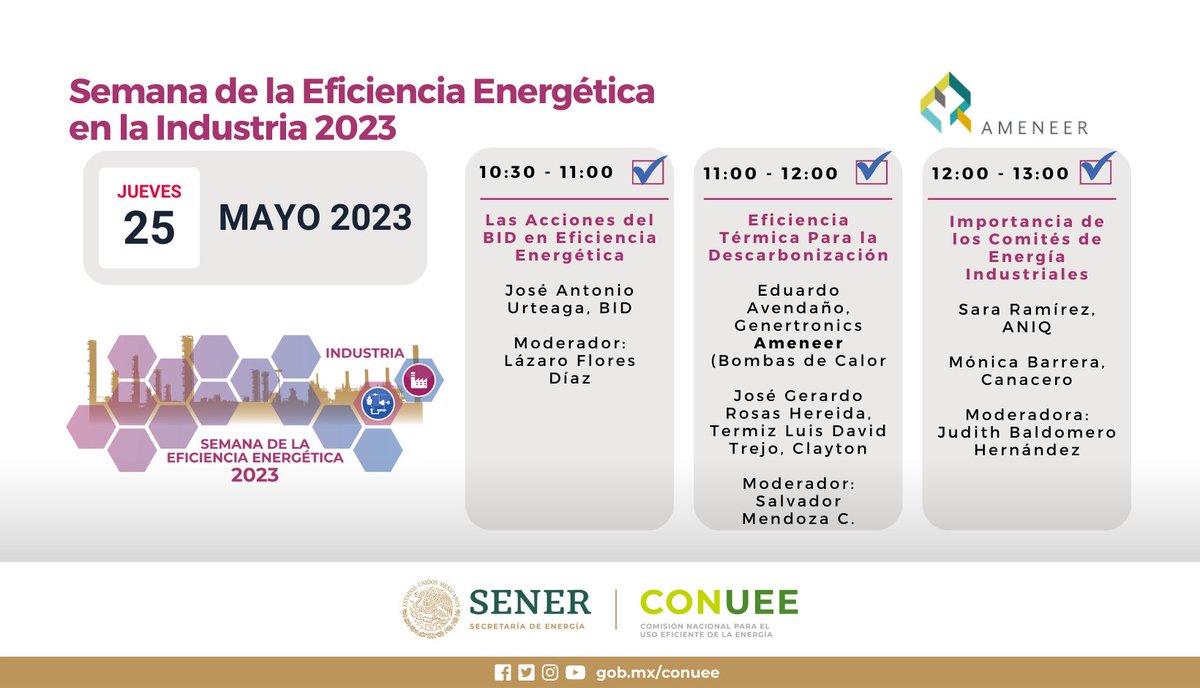 CONUEE_mx's tweet photo. 4to día de la Semana de la Eficiencia Energética para la INDUSTRIA

No te pierdas a nuestros invitados; @el_BID #Termiz, #Clayton, @AAmeneer, @ANIQuimica, @CANACERO     

Conectate en nuestro canal en youTube https://t.co/zoSu8bLKBo
#SEEI2023 https://t.co/cFRbue74vK