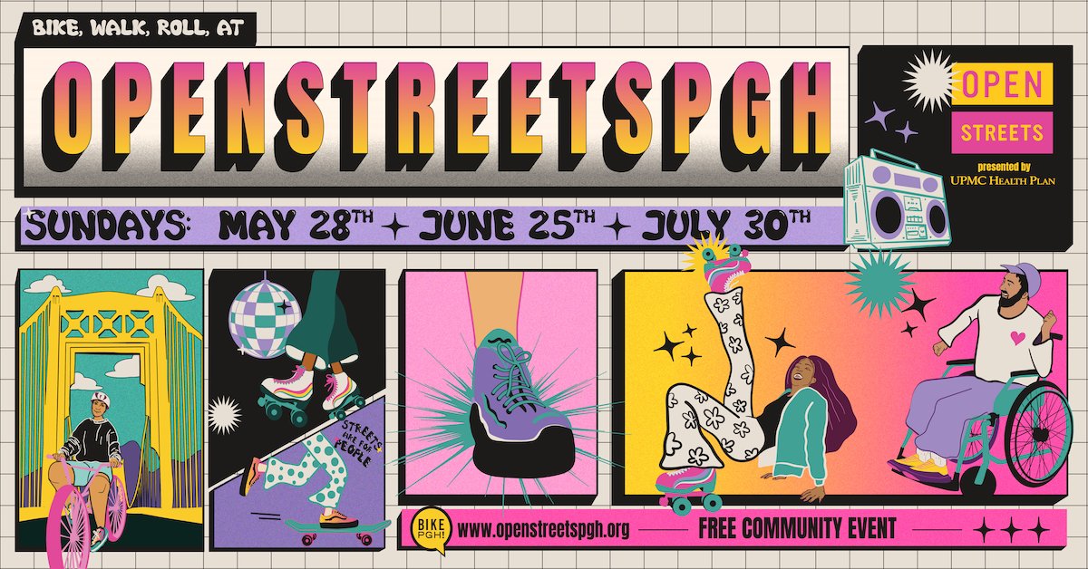 ✨ Prepare to get movin’ and groovin’ on car-free streets: Don’t miss <a href="/openstreetspgh/">Open Streets PGH</a> on Sunday, May 28, June 25, and July 30! This free <a href="/BikePGH/">BikePGH</a> event series opens up miles of street space for you to walk, bike, roll, shop, eat, and play. 
openstreetspgh.org

#sponsored