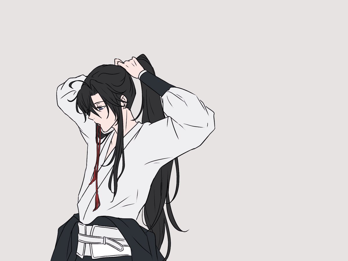 1boy male focus solo black hair long hair tying hair ponytail  illustration images