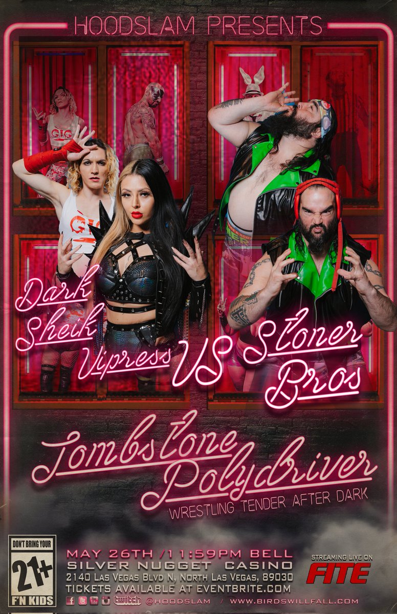 FRIDAY 11:59pm #VEGAS #TombstonePolydriver #WTAD: DARK Sheik and VIPRESS defend the Intergalactic Tag Team Championship against The STONER BROTHERS Tickets: eventbrite.com/o/hoodslam-151… Featured on FITE+ : LATER #hoodslam #ThisIsReal #dontbringyourfnkids