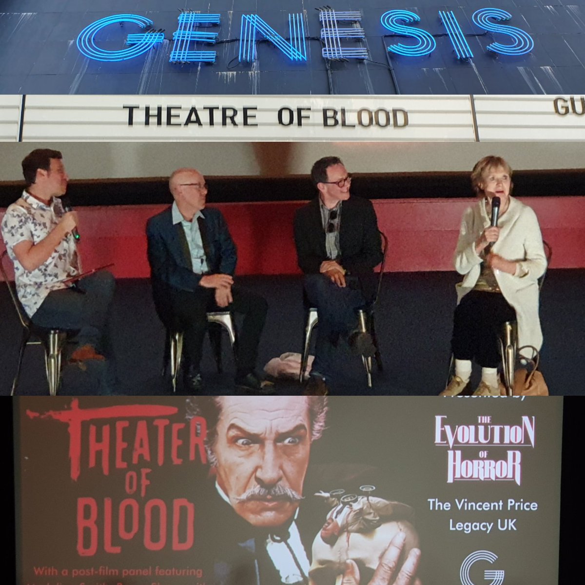 MLKster's tweet photo. On its 50th anniversary (to the day!), a celebratory screening of #DouglasHickox's #TheatreofBlood at #GenesisCinema in association with #EvolutionofHorror.
In attendance were #VincentPrice aficionado @kultguy, fan #ReeceShearsmith &amp; castmember/national treasure #MadelineSmith... https://t.co/bFpsLPV4hY