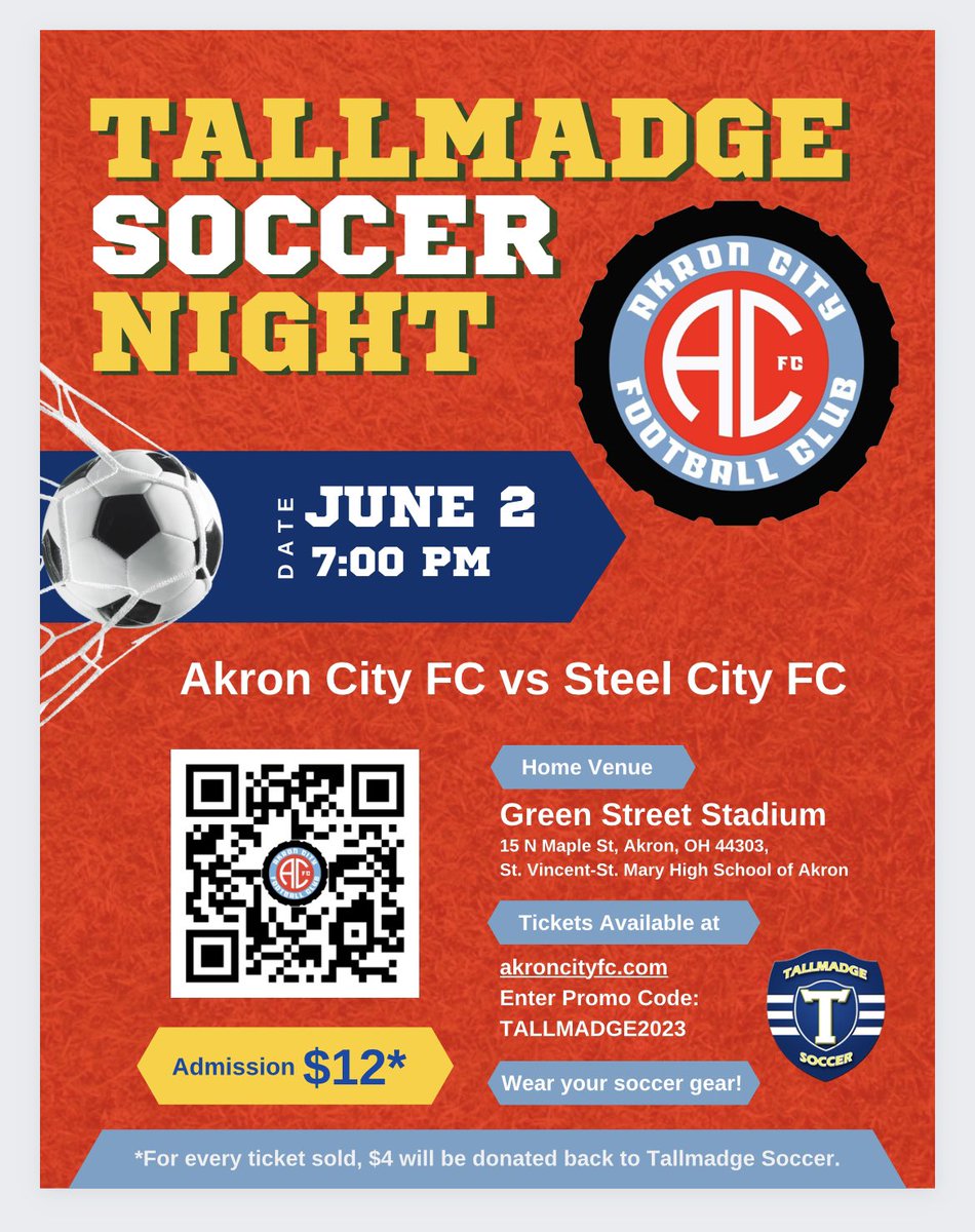 The Tallmadge Soccer Board is excited to announce Tallmadge Soccer Night for an @AkronCityFC match vs Steel City FC, on Friday night, June 2nd at 7:00 PM, at Green Street Stadium, 15 N Maple St, Akron, OH.