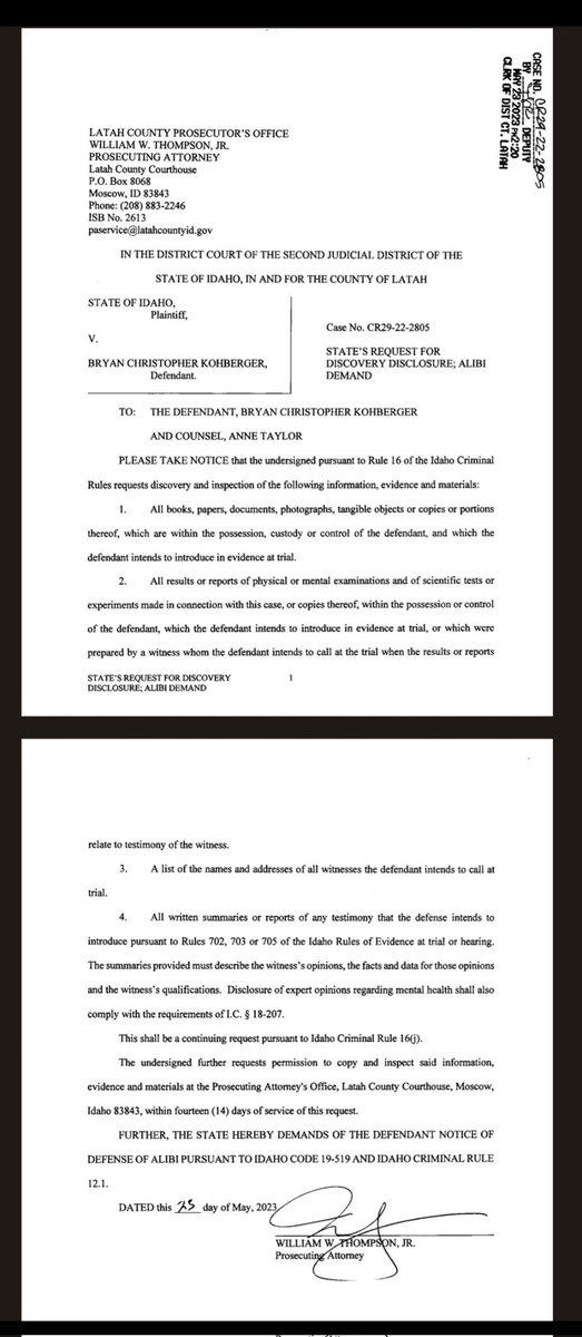 Idaho prosecutor is requesting Bryan's alibi for the night of the Idaho crime.
Bryan has 10 days to responde. 

Code is here-
legislature.idaho.gov/statutesrules/…

#BryanKohberger
#idaho4
#idahostudents