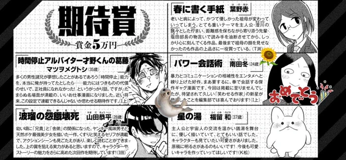 モーニング月例賞2023年3月期にて期待賞をいただきました!え!5万円じゃん!ラッキー!今度はもっとでかい賞取ります。応援よろしくな!