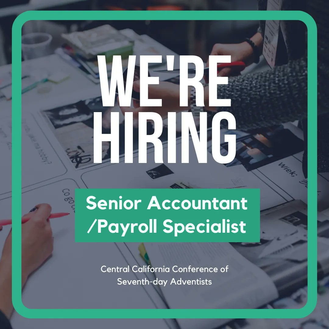 CCCADVENTIST (@cccadventist) on Twitter photo π£ #JobOpening π The #AccountingDepartment at our organization is on the lookout for a full-time Senior Accountant/Payroll Specialist π
Here's the link for more information πbuff.ly/3MMm1kC
Alternatively, you can email π§ at lbarron@cccsda.org π£ #JobOpening π The #AccountingDepartment at our organization is on the lookout for a full-time Senior Accountant/Payroll Specialist π
Here's the link for more information πbuff.ly/3MMm1kC
Alternatively, you can email π§ at lbarron@cccsda.org