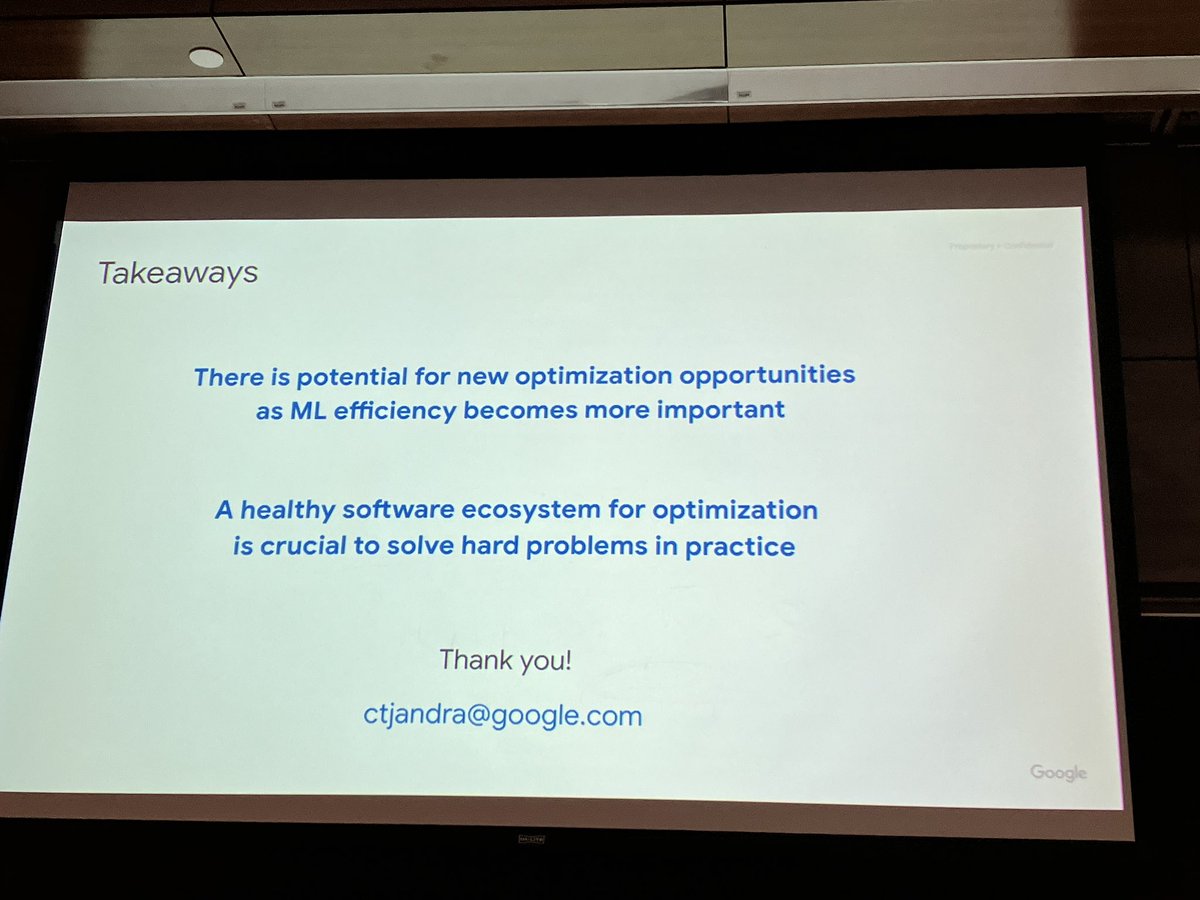 Tjandraatmadja concludes talking about the importance of OR for solving challenging problems related to ML; poking at @JeffLinderoth’s recent interest in ML; and mentioning the new MathOpt library by <a href="/J_P_Vielma/">Juan Pablo Vielma</a> et al.