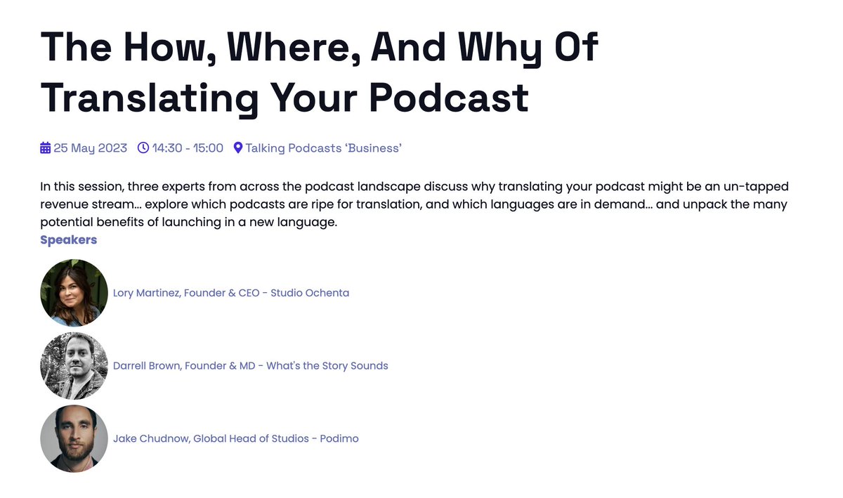 OchentaPodcasts's tweet image. After presenting at last week's @PodcastEstacion celebrating podcasting en español in Madrid 🇪🇸 we'll be joining Jake Chudnow from #Podimo and Darrell Brown from @what_sounds at @PodcastShowLDN 🥳

Come to our session to learn all about #podcast #translation and #adaptation