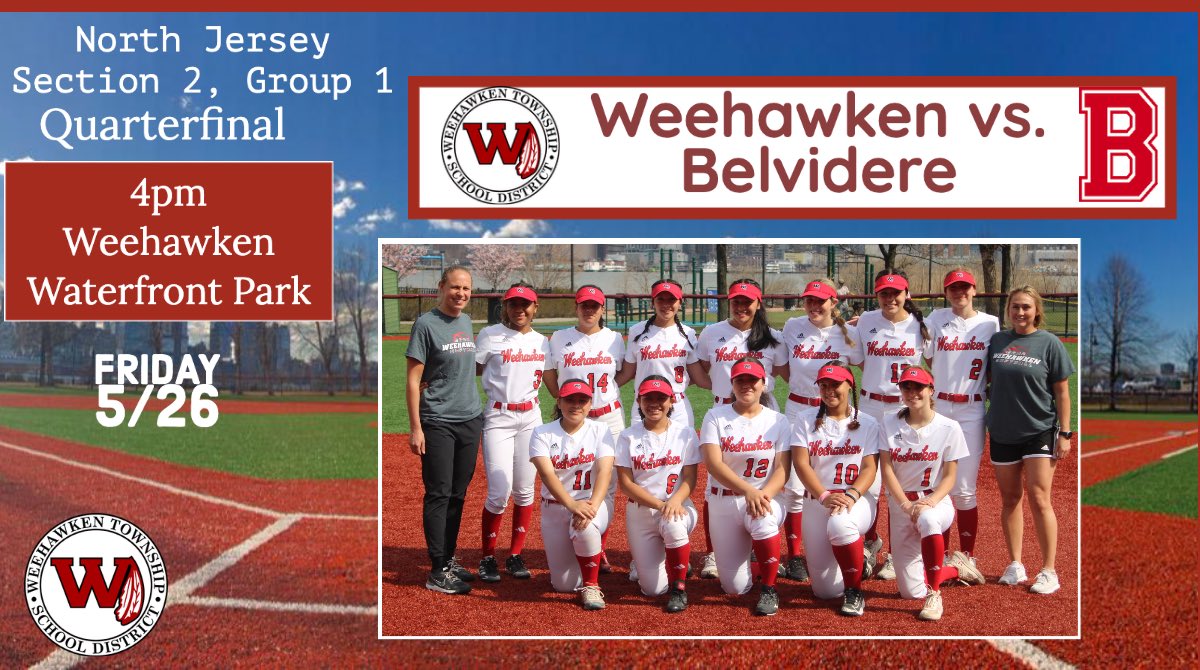 Come & support our softball team as they take on Belvidere in the 2nd round of the @NJSIAA State Tournament- Friday 5/26 at 4PM at the @weehawkennj Waterfront Park. @EricCrespoEDU @FAmato53 @gioahmad @al_orecchio @RobFerullo4 @StefanieCirill1 @WTSDGuidance53 @DeStefanoEDU