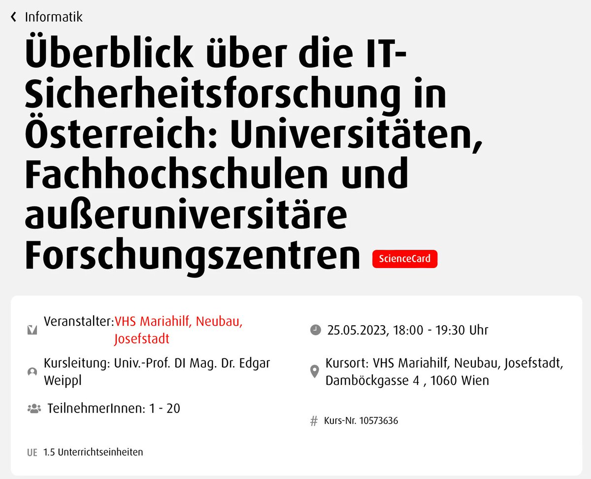 Edgar Weippl (@weippl) on Twitter photo <a href="/csunivie/">Fakultรคt Informatik</a> Third Mission: Forschung in Gesellschaft und Wirtschaft einbringen; in Kooperation mit <a href="/SBA_Research/">SBA Research - Science for better security</a>
Vortrag an der VHS am 25.05.2023
รberblick รผber die IT-Sicherheitsforschung in รsterreich: Universitรคten, FHs & auรeruniv. Forschungszentren
buff.ly/3K6pNnp <a href="/csunivie/">Fakultรคt Informatik</a> Third Mission: Forschung in Gesellschaft und Wirtschaft einbringen; in Kooperation mit <a href="/SBA_Research/">SBA Research - Science for better security</a>
Vortrag an der VHS am 25.05.2023
รberblick รผber die IT-Sicherheitsforschung in รsterreich: Universitรคten, FHs & auรeruniv. Forschungszentren
buff.ly/3K6pNnp