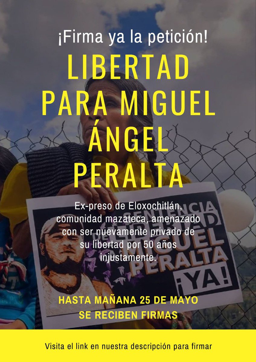 futuroindigena's tweet photo. FIRMA YA hasta el 25 de mayo por la Libertad de Miguel Peralta
👉🏾 https://t.co/NDgdVjduOF
✊ Miguel y otros miembros de su comunidad continúan sufriendo persecución política, ahora su sentencia de libertad fue revocada injustamente y se le pretenden imputar 50 años de prisión. https://t.co/KsKVCIR9wq