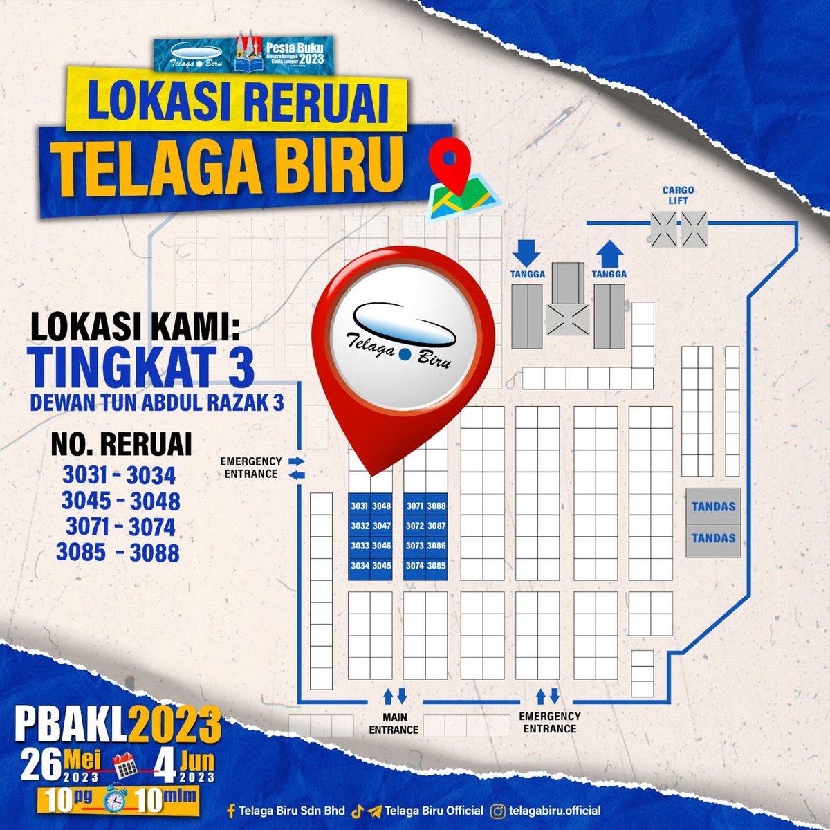 TelagaOfficial's tweet photo. Haaa kurang 24 jam sahaja lagi Pesta Buku Antarabangsa Kuala Lumpur akan berlangsung! Seperti biasa di WTC Kuala Lumpur bermula Jumaat 26 Mei-4 Jun 2023.

Jom cari reruai Telaga Biru 'yang bukan berwarna biru' di Hall 3, tingkat 3. 

Jom tengok apa yang menarik! https://t.co/zjpohoFBPl