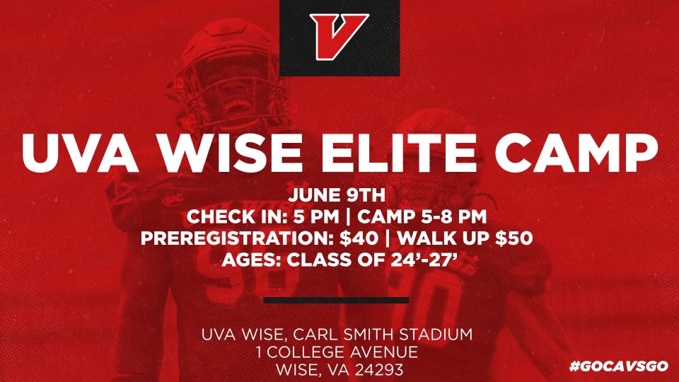 SWVA/NE TN pre-register now for @UVAWiseCavsFB one day camp on Friday, June 9th from 5-8pm Show Up ✅ Show Out ✅ Get that Respect/Offer ✅ Hit the link below NOW‼️👇🏻 🔗 uvawisefootballcamps.com