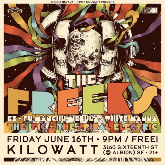 FRI JUNE 16 @SierraNevada + @rwspresents : #TheFreeks + #TheIFIC + @SpiralElectric at #KilowattBar in #SanFrancisco - FREE SHOW!
Info at @DoTheBay: dothebay.com/events/2023/6/…

#livemusic #concert #bayarea #heavypsych #psychedelicrock #stonerrock #acidrock #psychrock #spiralelectric