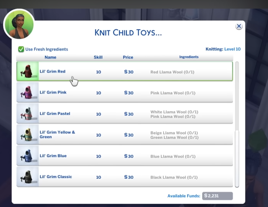 onlyabidoang's tweet photo. Fun fact: In The Sims 4 Nifty Knitting, once you've reached level 10 knitting skill, you'll be able to knit "Lil' Grim", a little Grim Reaper toy. However, if you give it as a gift to the actual Grim Reaper, he'll be pleased and your current age bar progression will be reset! https://t.co/Q3FsQj53qa