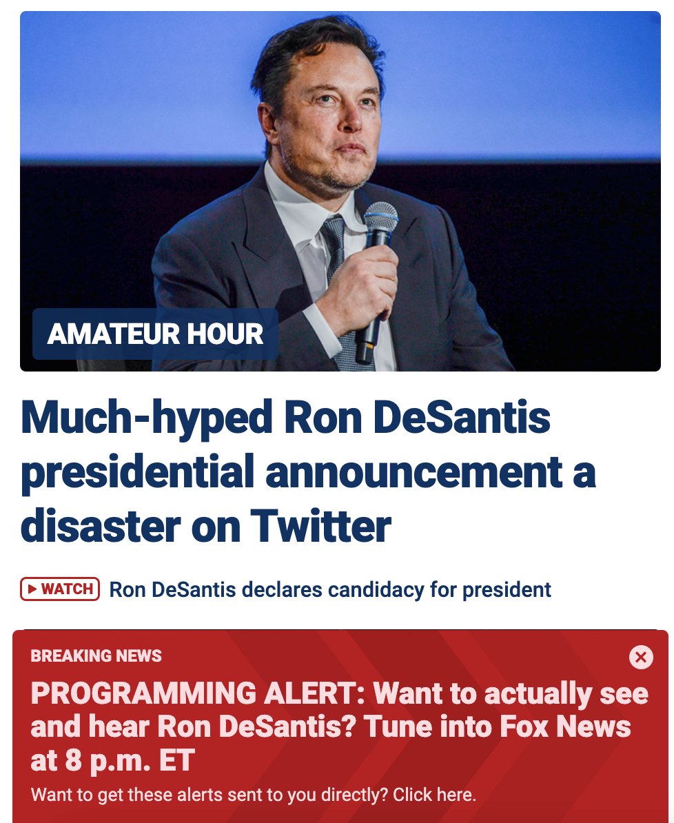 Fox News' homepage really twisting the knife on Elon Musk right now.

The homepage even has a 'Breaking News' alert pop-up dunking on Twitter's failure.