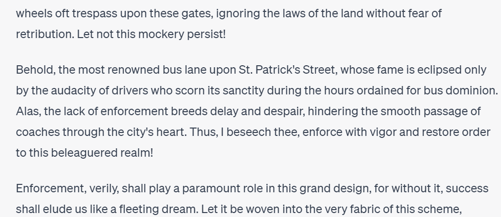 TheChizler's tweet photo. Getting ChatGPT to rewrite my #busconnectscork submission in the style of Shakespeare for the fun of it, a bit dramatic, maybe? https://t.co/eOBaYFuD2e