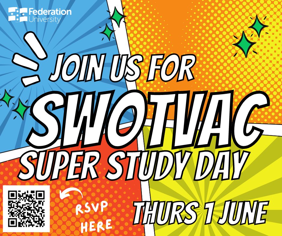 SWOTVAC
When: 10am-2pm Thurs 1 June
Where: Gipps & Berwick, in the Student Lounge. Mt Helen in the S Study building
Learning Skills Advisors and student leaders will be on hand to help with practical revision activities. We’ll also have a free lunch and exams tips Q&A session.