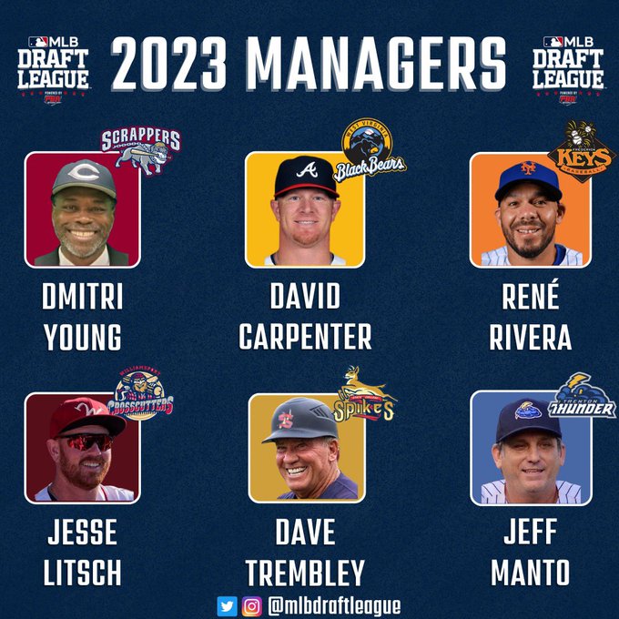 2023 @MLBDraftLeague Managers 

With the addition of former big leaguers @DaMeathookYoung, @DCarpenter29 & @ReneRivera13, the #MLBDraftLeague managers will bring 50+ years of combined @MLB experience to the league in '23.

More ➡️ bit.ly/3KxwTCf