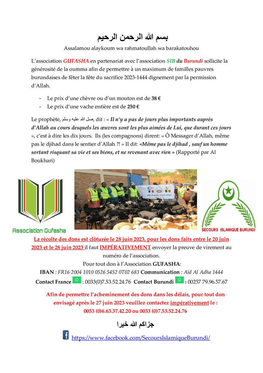 AssoGufasha's tweet photo. Assalamou alaykoum l'association Gufasha participe cette année en collaboration avec le SIB du Burundi au sacrifice de l'Aïd al adha pour les nécessiteux au Burundi. Jazakoum Allahou khayran https://t.co/LNoVHZGAnp