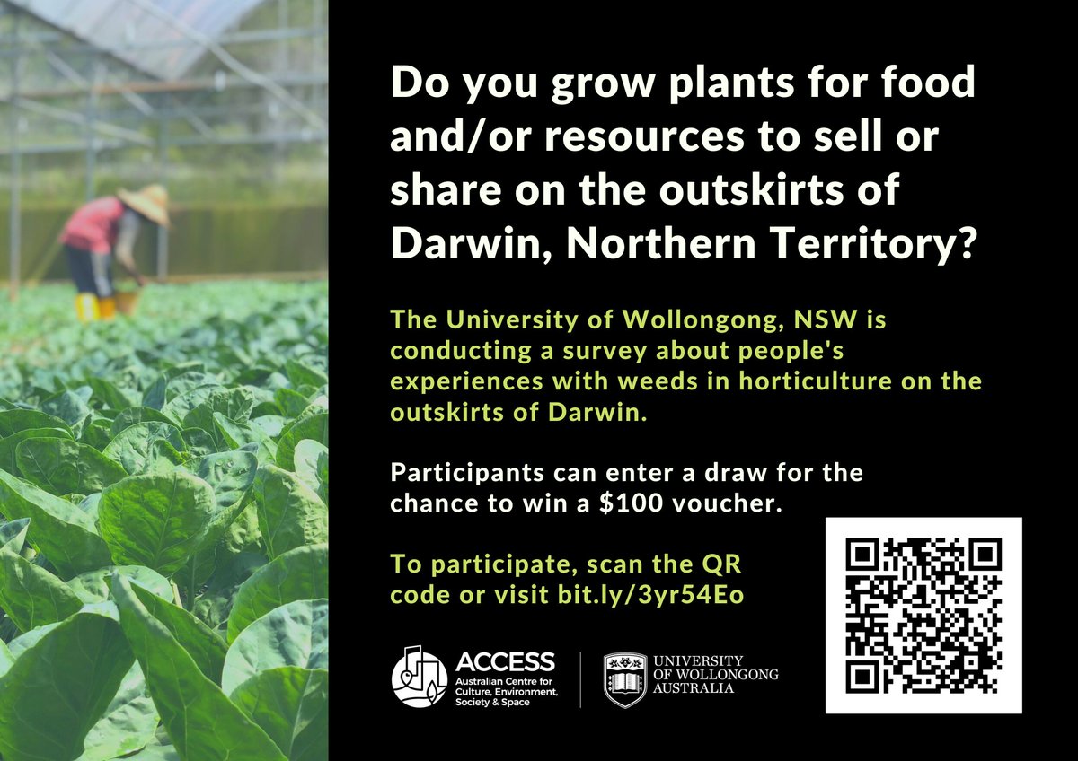 Do you grow plants for food and/or resources to sell or share on the outskirts of Darwin, Northern Territory? Contribute to this 15 min survey about horticulture and weeds for a chance to win a $100 voucher! bit.ly/3yr54Eo Multiple languages available