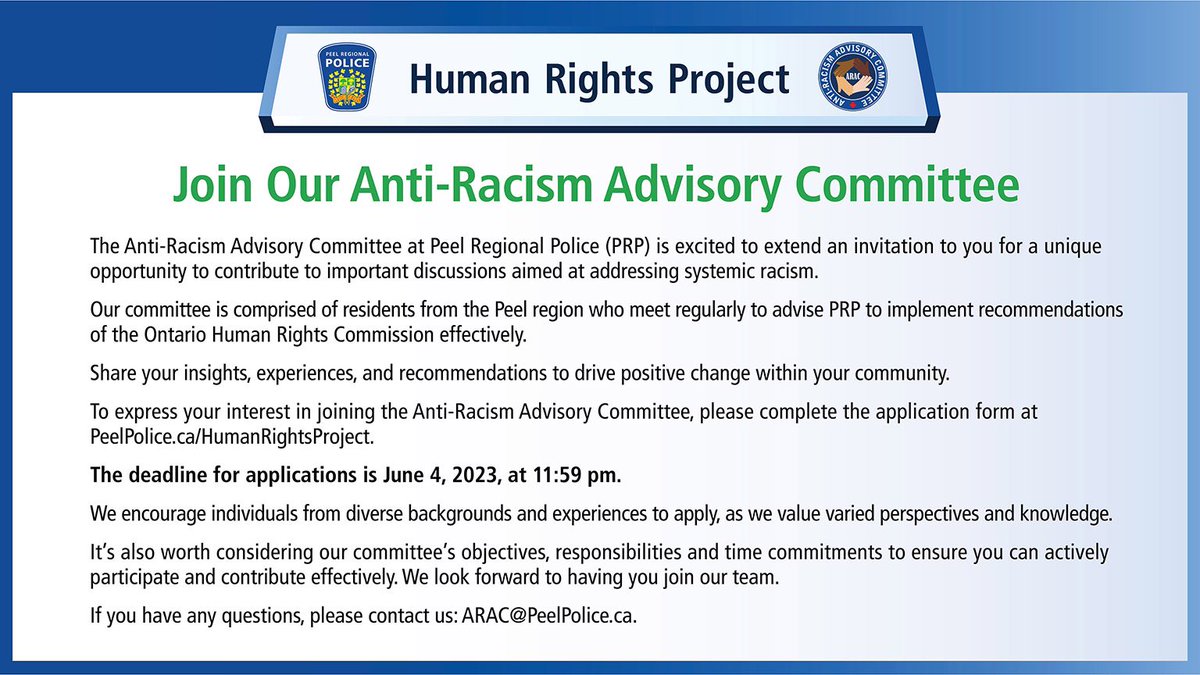 If you live or work in Brampton or Mississauga and want to make a change in your community, visit👇 
peelpolice.ca/en/who-we-are/…
and click on Anti-Racism Advisory Committee to learn more.