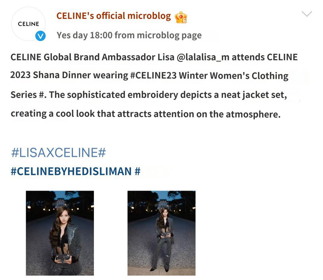 zain on X: Celine only posted Lisa and Zhang on weibo. A Global Brand  Ambassador and Brand Ambassador. #LISAXCELINE @celineofficial   / X