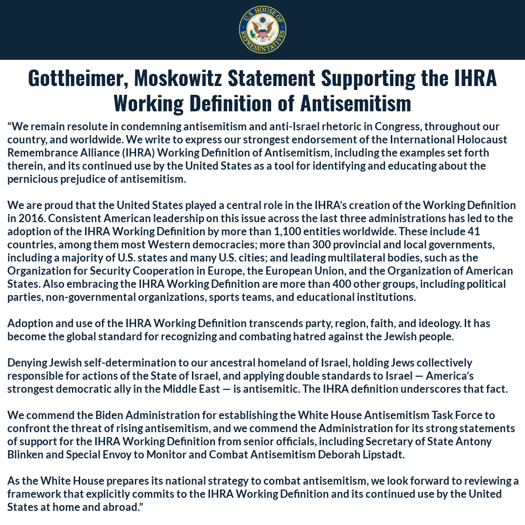 RepJoshG's tweet photo. As the White House prepares its national strategy to combat antisemitism, we look forward to reviewing a framework that explicitly commits to the IHRA Working Definition and its continued use by the United States at home &amp; abroad.

Read my full statement with @RepMoskowitz here: https://t.co/fSR8vbnqL9