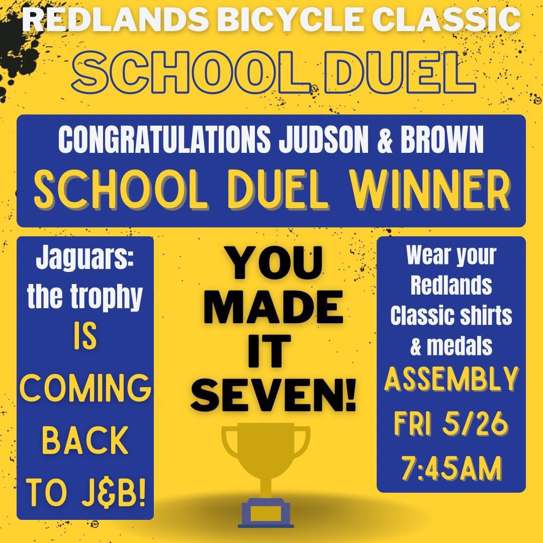 Wooohooo Jaguars 🐾
•
If possible, please wear your bicycle classic shirts on Friday, 5/26. We’ll have our trophy presentation assembly at 7:45AM.