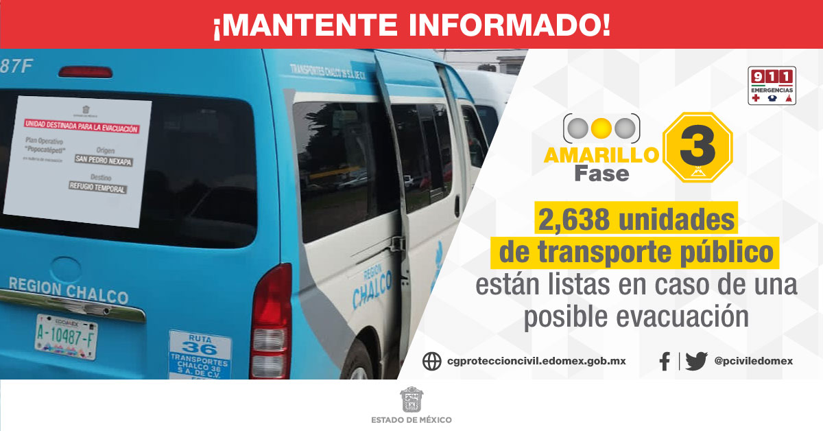 pciviledomex's tweet photo. Informa @SEMOV_Edomex que 2,638 unidades del transporte público 🚌 están listas para apoyar a @pciviledomex en caso de ser necesaria una evacuación en municipios cercanos al 🌋#Popocatépetl. #Recuerda ⚠️¡Mantente informado!🚦🟡Fase 3 https://t.co/qRk934cB7M